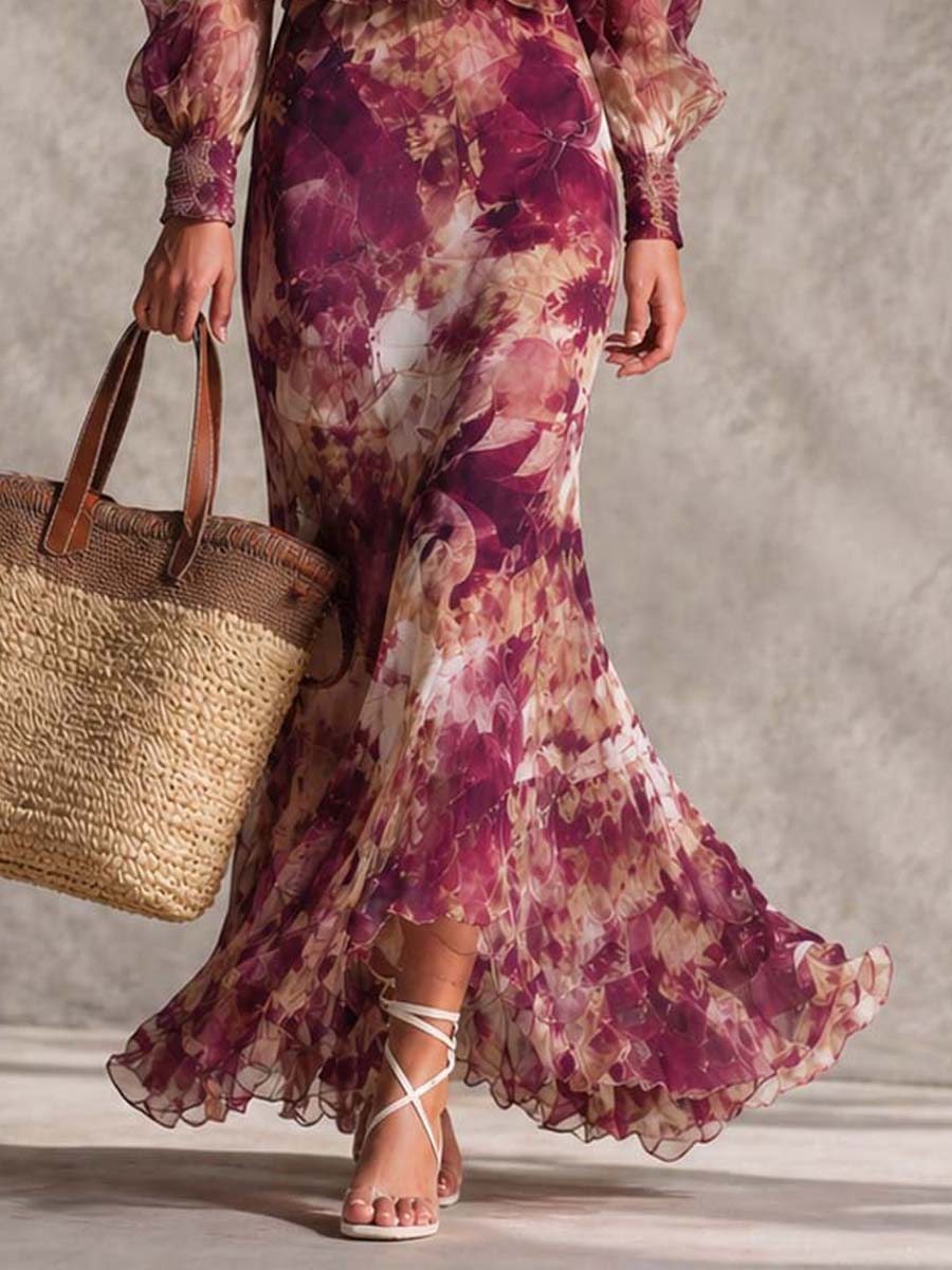 Rosanne | Robe Maxi en Mousseline, Épaules Dénudées, Rose Pâle Fleurie