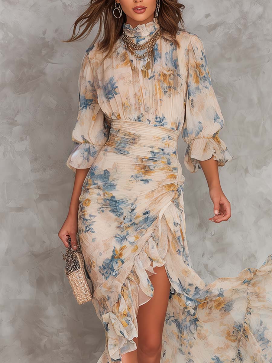 Béatrice™ | Robe Maxi Irrégulière en Mousseline, Imprimé Floral, Col Haut Beige