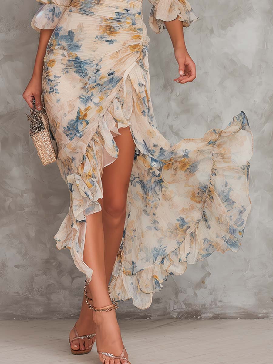 Béatrice™ | Robe Maxi Irrégulière en Mousseline, Imprimé Floral, Col Haut Beige