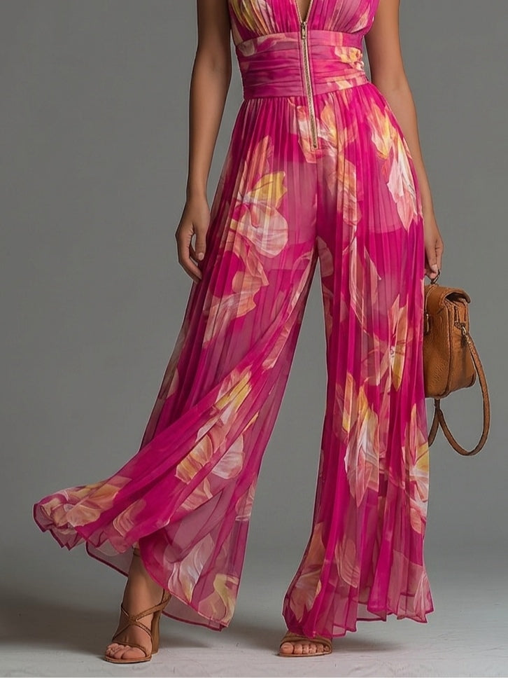 Océane™ | Combinaison Sans Manches en Mousseline Plissée, Zip, Imprimé Floral Fuchsia