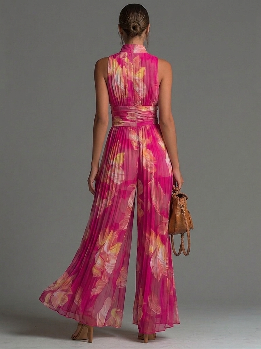 Océane™ | Combinaison Sans Manches en Mousseline Plissée, Zip, Imprimé Floral Fuchsia