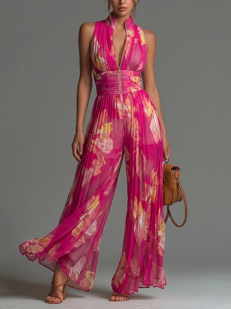 Océane™ | Combinaison Sans Manches en Mousseline Plissée, Zip, Imprimé Floral Fuchsia