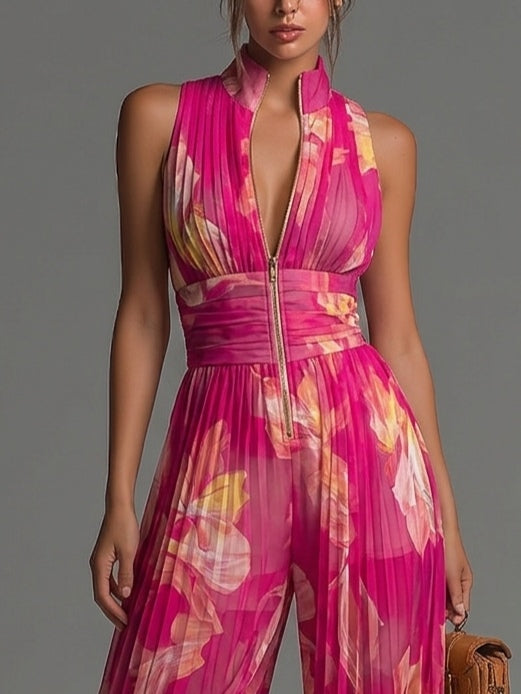 Océane™ | Combinaison Sans Manches en Mousseline Plissée, Zip, Imprimé Floral Fuchsia